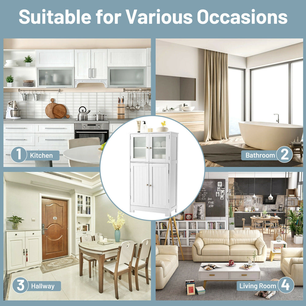Elegant white bathroom floor storage cabinet featuring adjustable shelves and stylish round knobs for versatile.