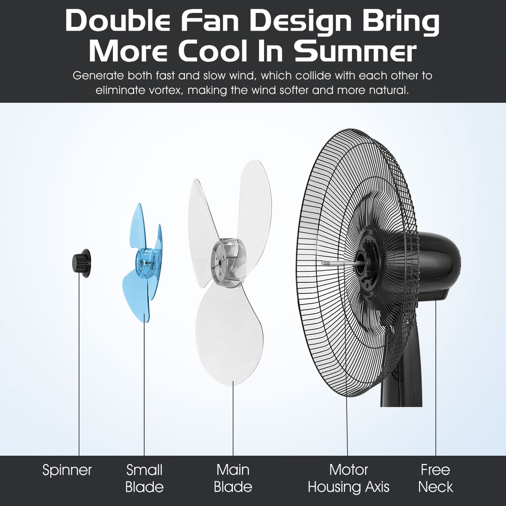 16-inch adjustable height fan with double-layer blades, quiet oscillation, and remote control for customized cooling.