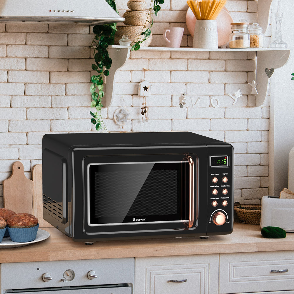 Retro countertop microwave oven in black with 5 power levels and 8 auto cooking modes, ideal for small spaces.