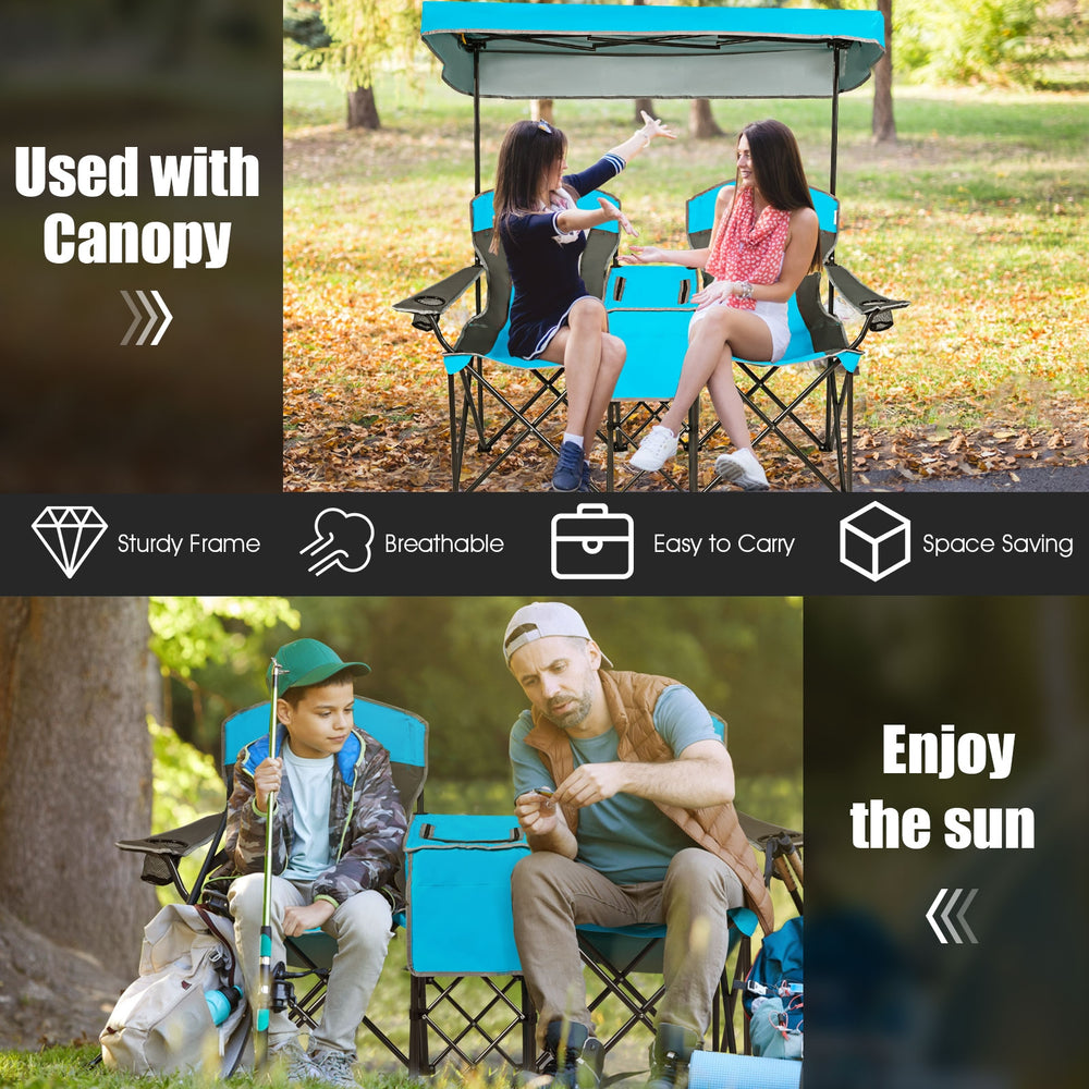 Portable folding camping canopy chairs in blue with cup holder and adjustable canopy for outdoor relaxation.