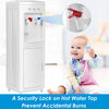 Hot and cold water cooler dispenser with child safety lock, designed for home and office use, featuring detachable drip.