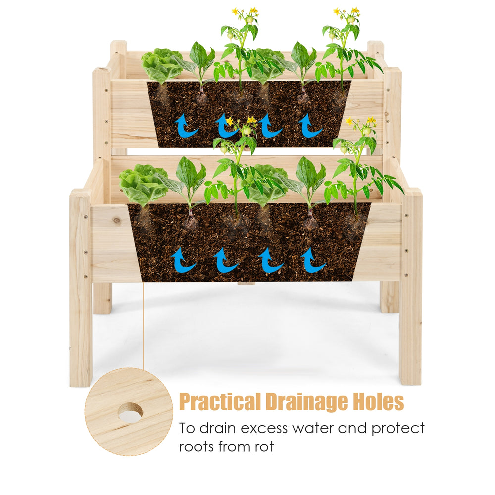 2 Tier wooden elevated planter box with drainage holes, made of fir wood, ideal for balcony and yard gardening.