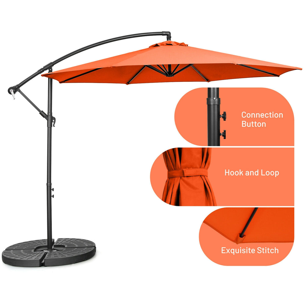 10 feet orange offset umbrella with 8 ribs, cantilever design, and cross base for adjustable shade and outdoor use.