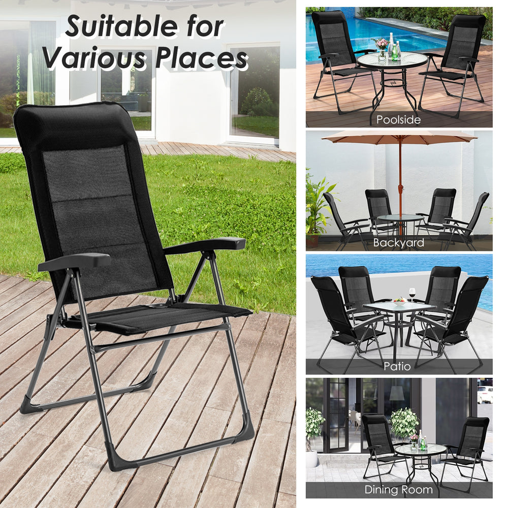 Black portable patio folding dining chair with adjustable headrest, ideal for poolside, backyard, or dining room use.