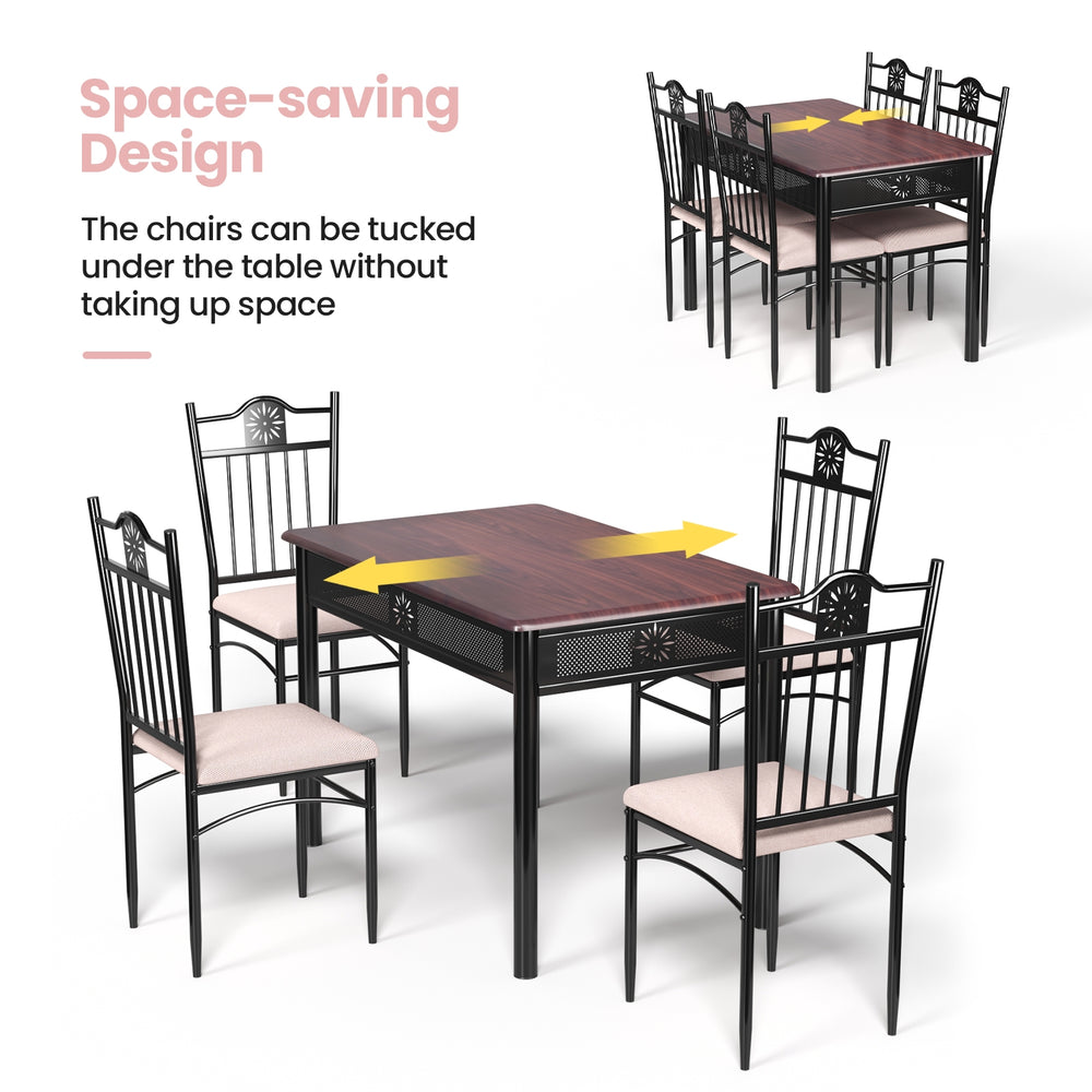 5-piece dining set featuring a wood and metal table with 4 cushioned chairs, designed for space-saving and elegance.