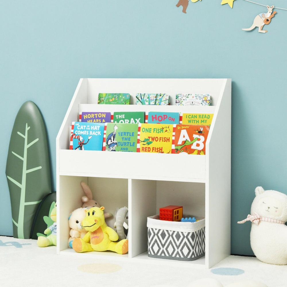 Kids wooden bookshelf with 3-tier shelves and 2 open compartments for organizing books and toys, ideal for children's.