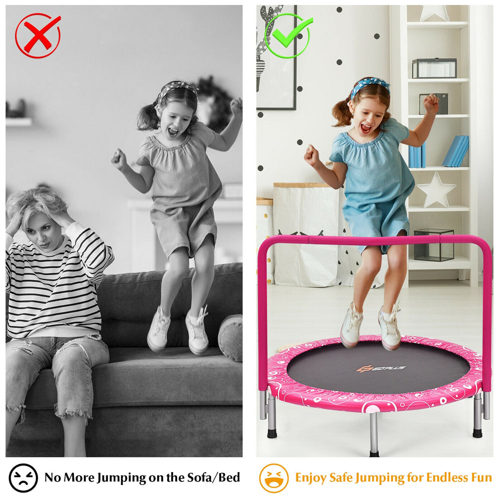 Kids jumping on a 36-inch pink trampoline with a padded handrail, designed for safe indoor and outdoor fun.