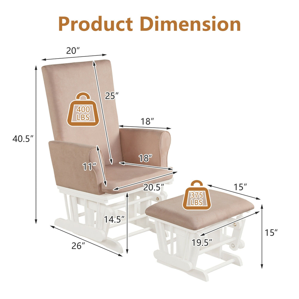 Dimensions of the Baby Nursery Relax Rocker Glider and Ottoman Set in Pink, showcasing stability and comfort features.