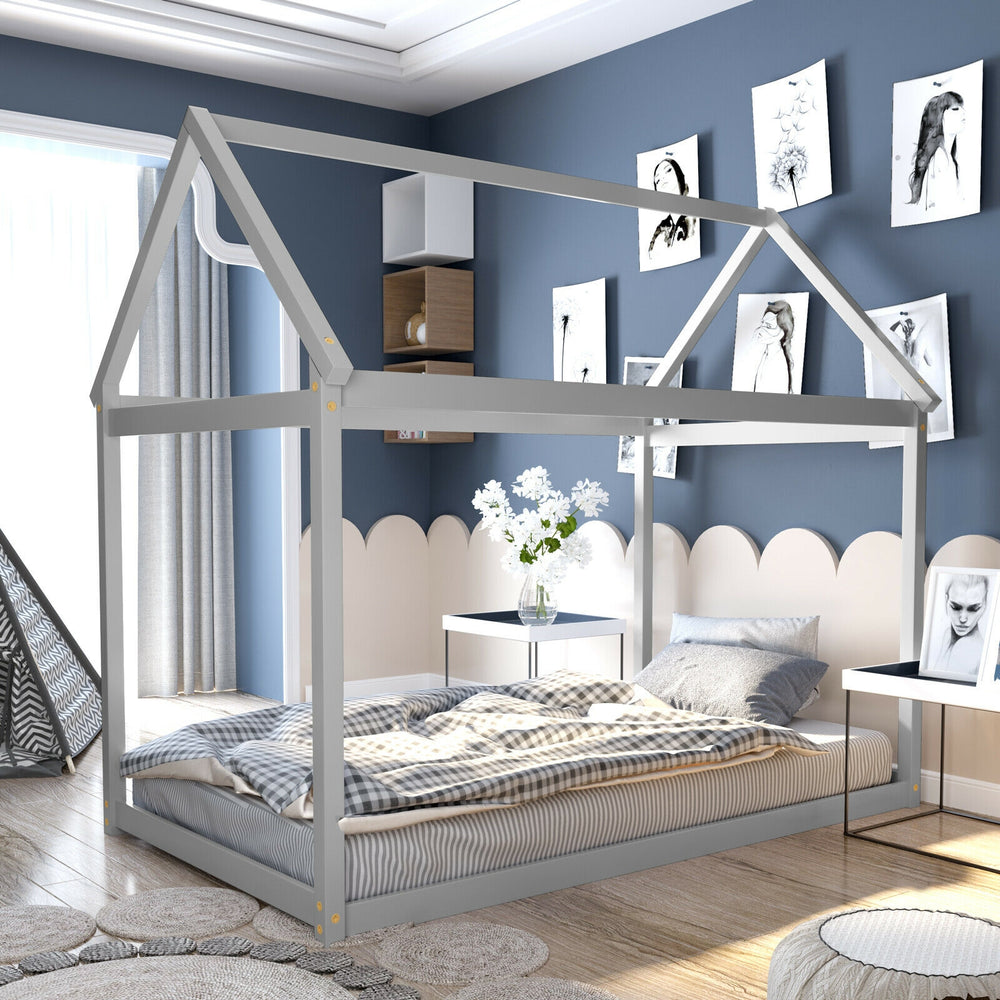 Gray kids platform floor bed with roof, sturdy wooden frame, and heavy-duty slats for stability and fun DIY options.