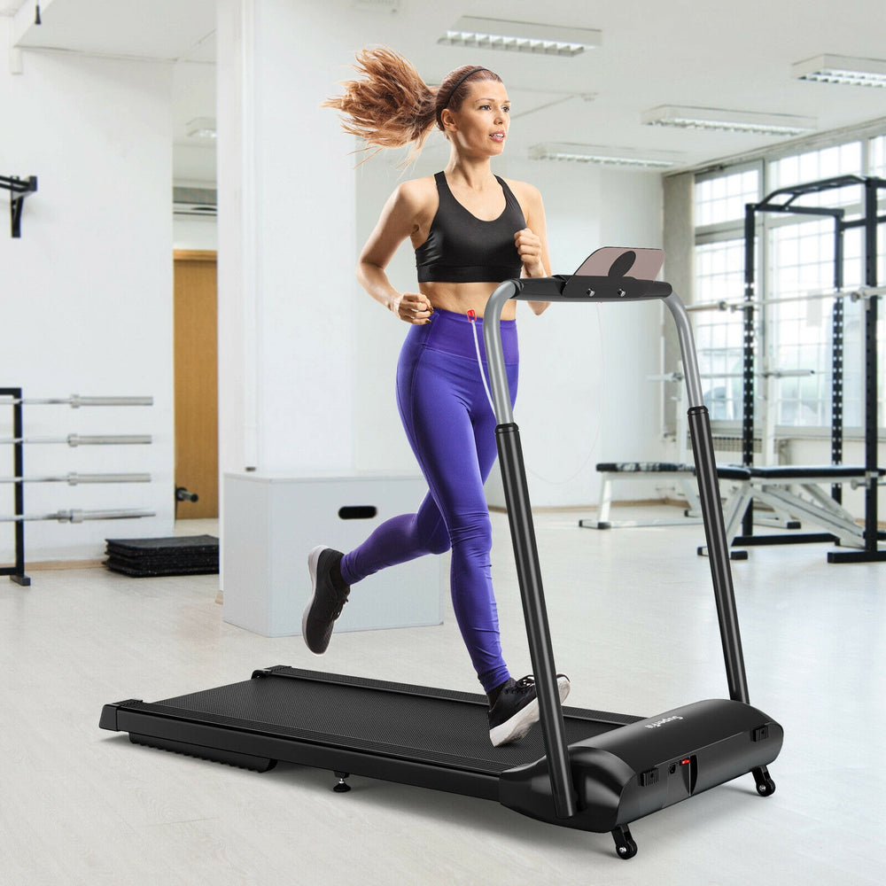 Compact folding treadmill with touch screen, featuring a 3.0HP motor, ideal for home workouts and easy storage.