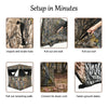 Setup steps for the 3 Person Portable Surround View Tent featuring camouflage fabric and easy hub system for quick.