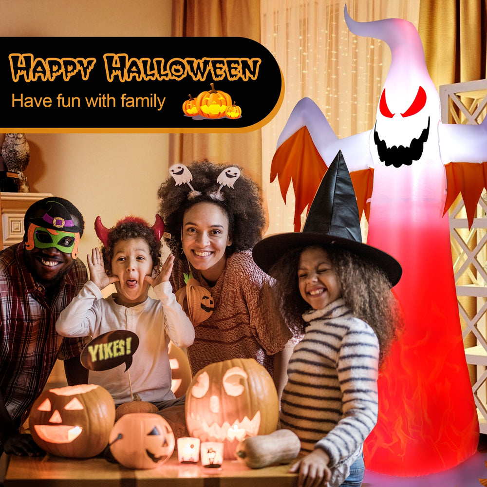 8-foot Halloween inflatable ghost with rotatable flame LED lights, perfect for creating a spooky atmosphere.