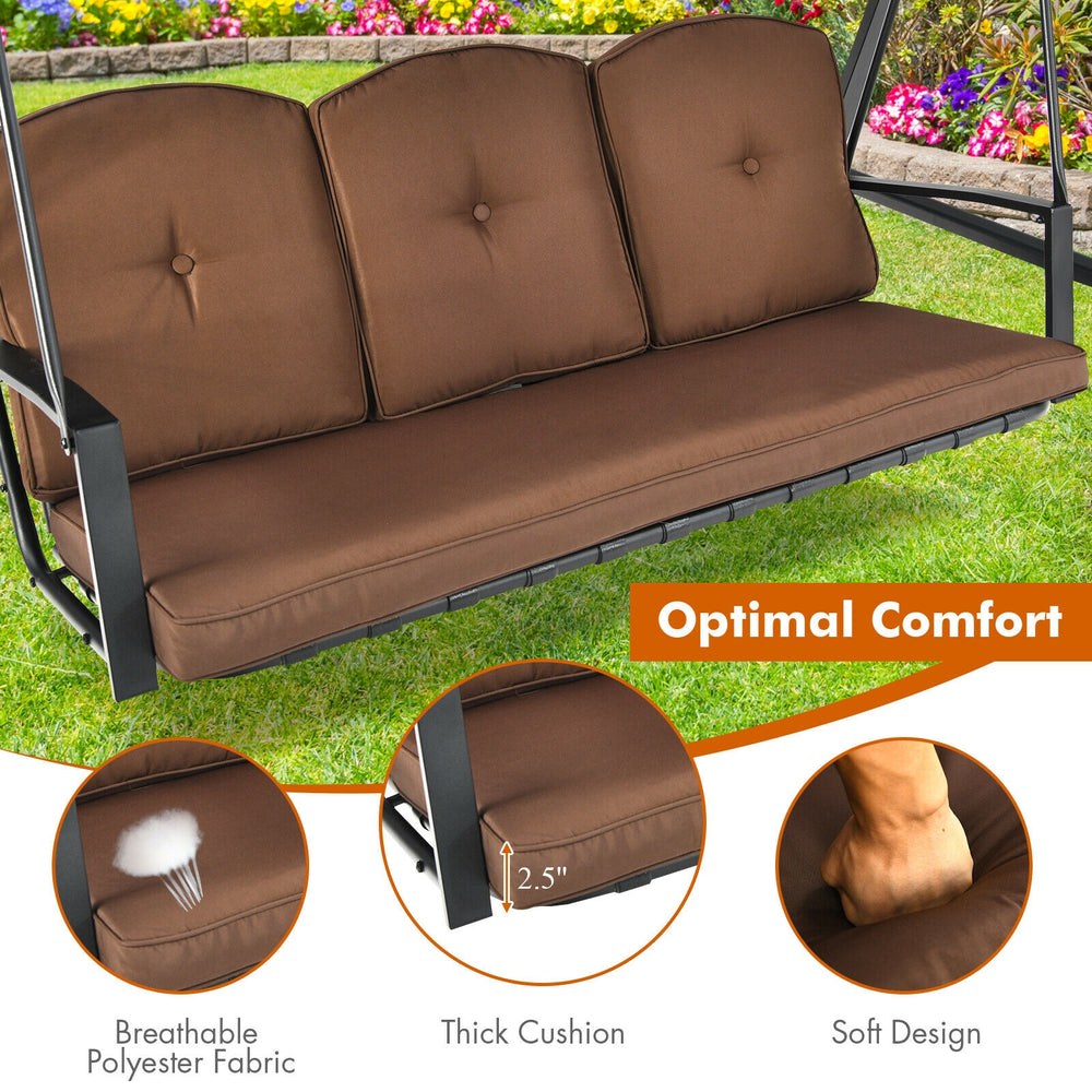 3-seat outdoor porch swing with adjustable canopy and thick cushions for optimal comfort in backyard or garden settings.