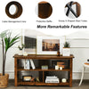 3-tier wood TV stand in brown with open shelves, X-shaped frame, and cable management hole for organized storage.