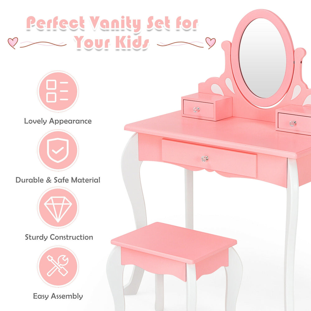 Kids vanity set in pink with a 360-degree mirror, sturdy MDF construction, and three drawers for ample storage.