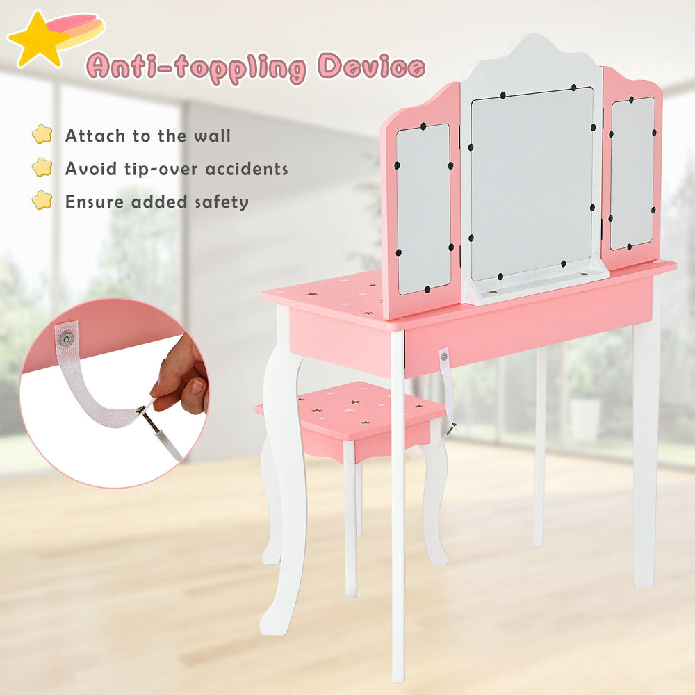 Kids pink vanity table set with tri-folding mirror, detachable design, and anti-toppling device for safety.