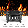 Outdoor fire pit with BBQ grill, high-temp resistant finish, and mesh cover, perfect for backyard gatherings.