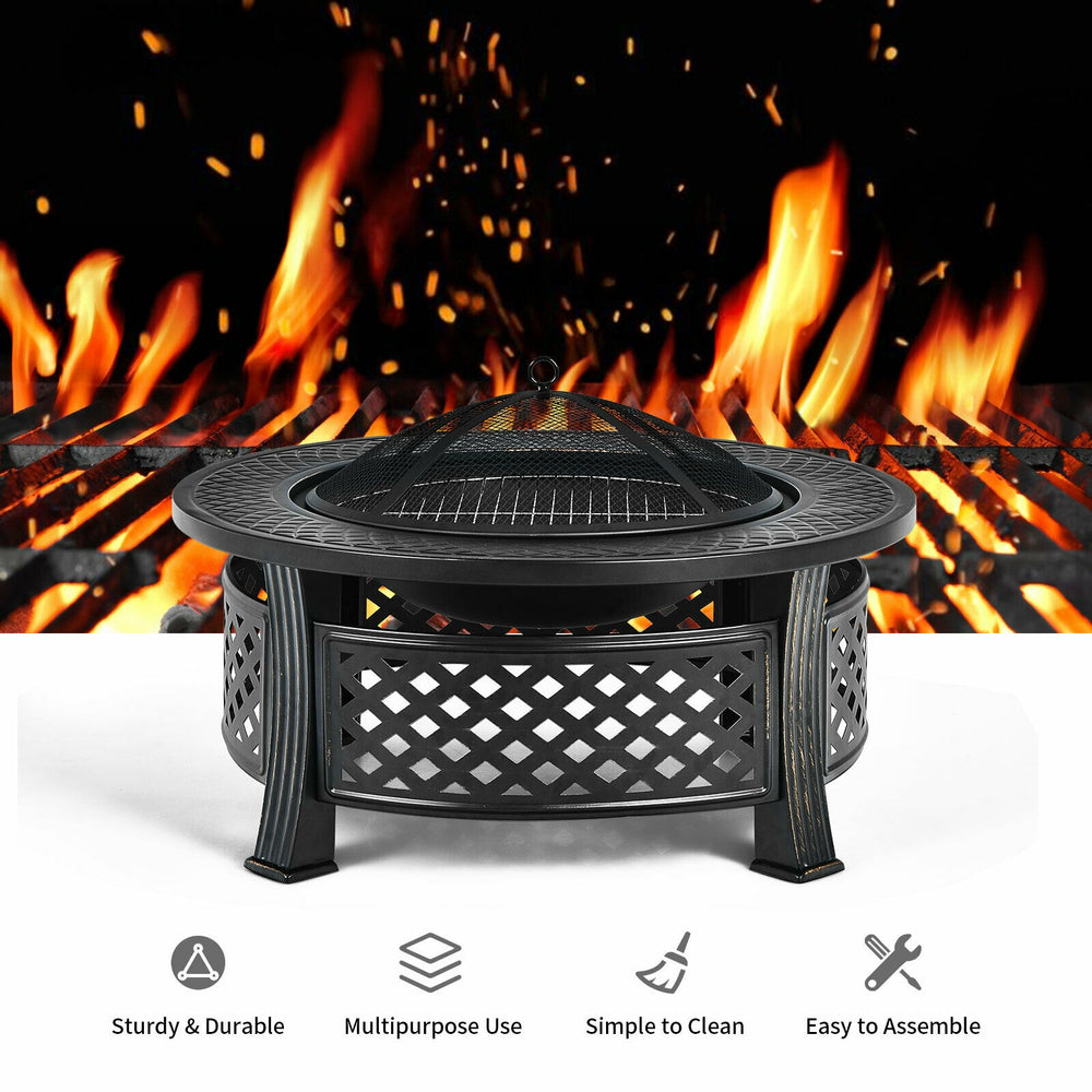 Outdoor fire pit with BBQ grill, high-temp resistant finish, and mesh cover, perfect for backyard gatherings.