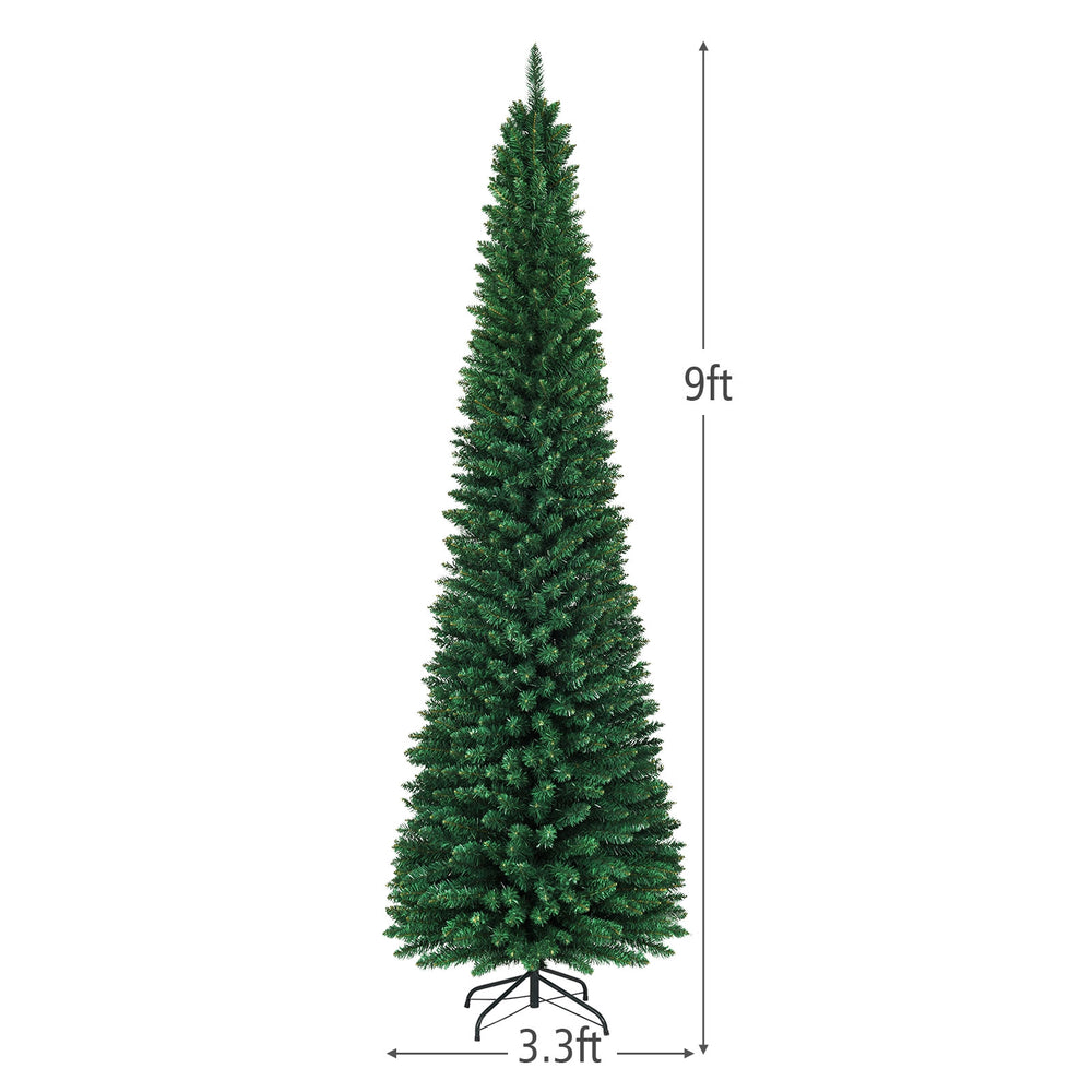 9-foot PVC artificial slim pencil Christmas tree with dense needles and sturdy iron base, perfect for small spaces.