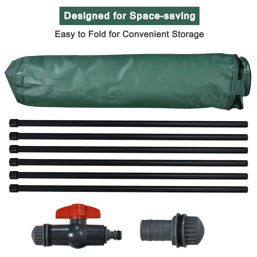 Collapsible 53-gallon rain barrel with PVC frame, zippered cover, and hose connection for efficient water collection.