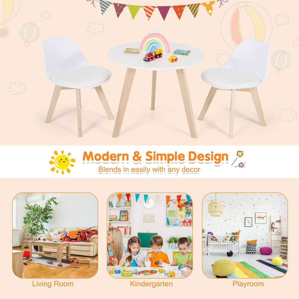 Kids activity play table and 2 chairs set with beech legs, ergonomic design, perfect for playroom or living room.