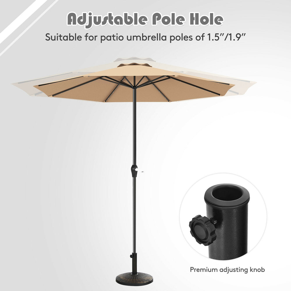 Patio market umbrella base stand with adjustable pole hole, durable resin, and rattan design for outdoor use.