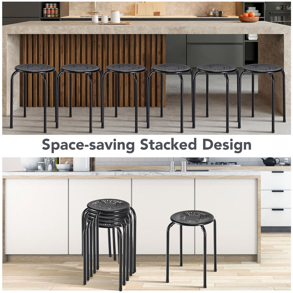 Set of 6 black stackable metal stools with daisy design, ideal for indoor and outdoor use, featuring space-saving.