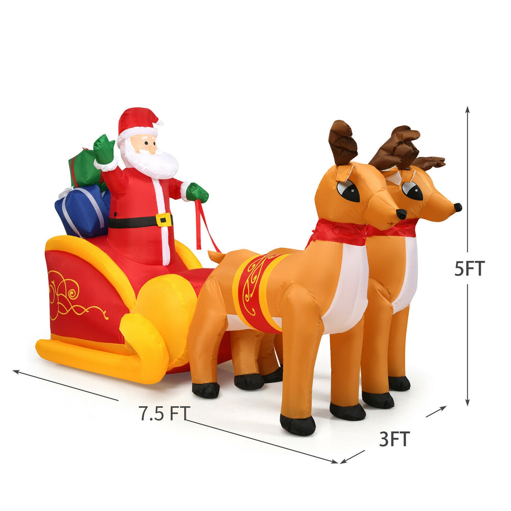 Inflatable Santa with double deer and sled, 7.5 feet long, waterproof for outdoor Christmas decoration with LED lights.