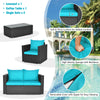 Turquoise cushioned loveseat and single sofa with PE rattan frame, ideal for outdoor patio relaxation.