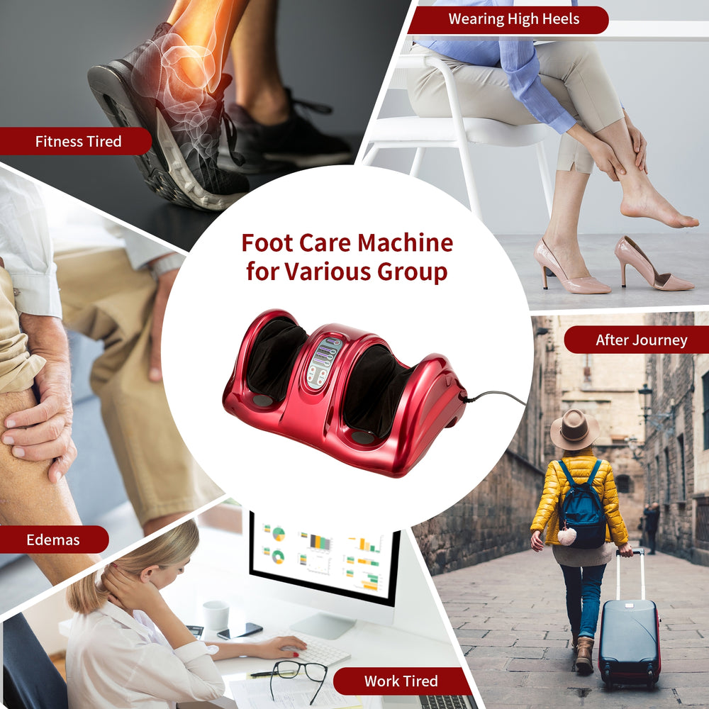 Therapeutic Shiatsu foot massager in red with high intensity rollers, designed for comfort and convenience after long.