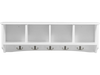 Wall-mounted entryway shelf featuring a sturdy design with five hooks and four storage compartments for efficient use.