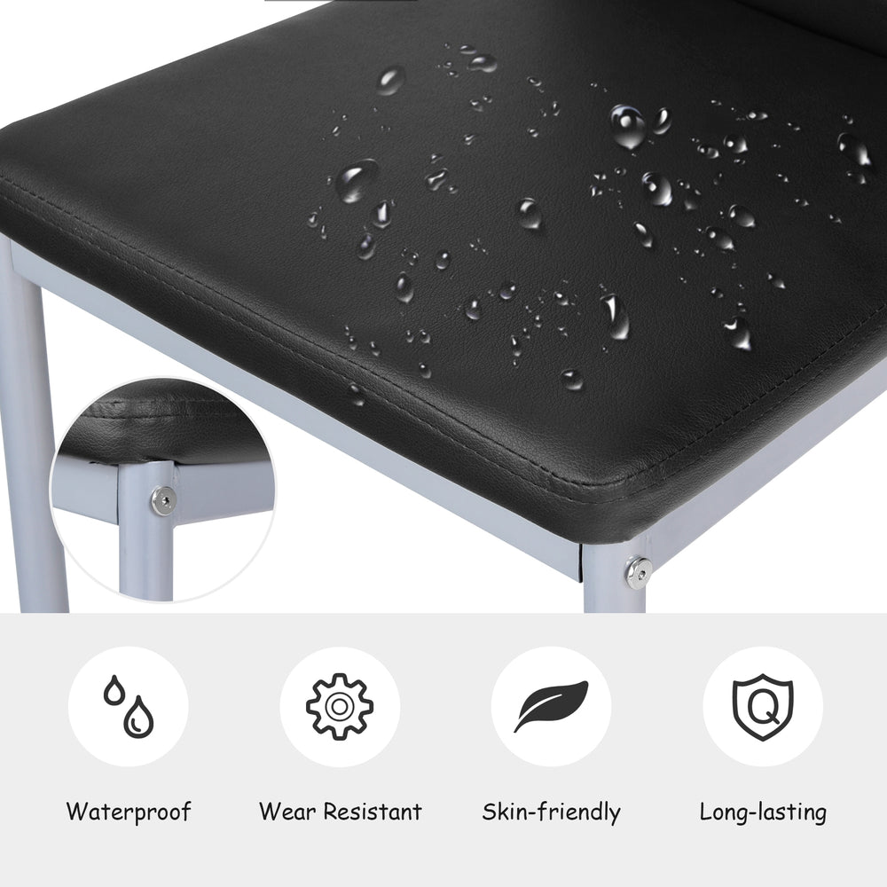 Black PVC leather dining side chair with waterproof and wear-resistant cushioned seat, featuring painted steel legs.