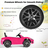 Close-up of the premium wheel of a pink 12V kids ride-on car, featuring wear-resistant material for smooth riding.