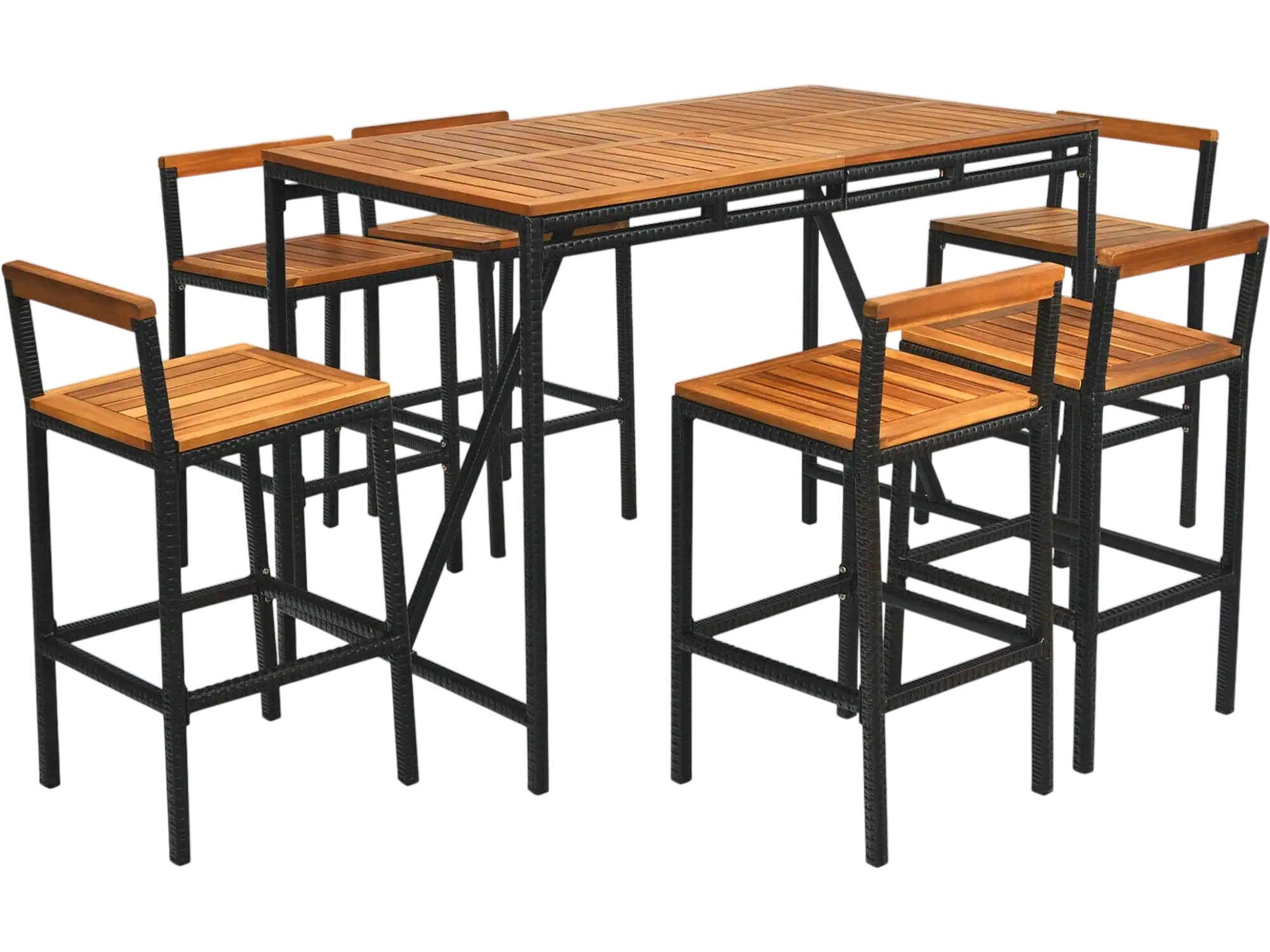 Costway 7-Pc Acacia Wood Patio Rattan Bar Set w/ Umbrella Hole 14239786 New