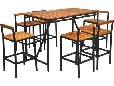 Costway 7-Pc Acacia Wood Patio Rattan Bar Set w/ Umbrella Hole 14239786 New