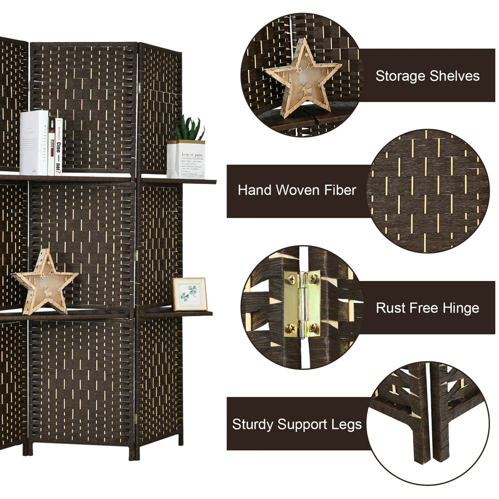 6-panel folding room divider in brown with hand-woven fiber, featuring 2 display shelves for versatile home decor.