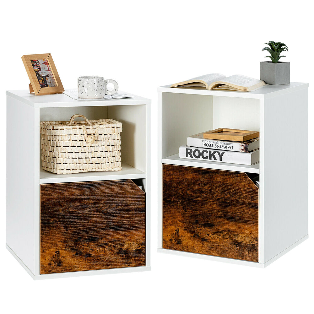 Set of 2 white nightstands with open shelves and cabinets, perfect for bedside storage in living room or bedroom.