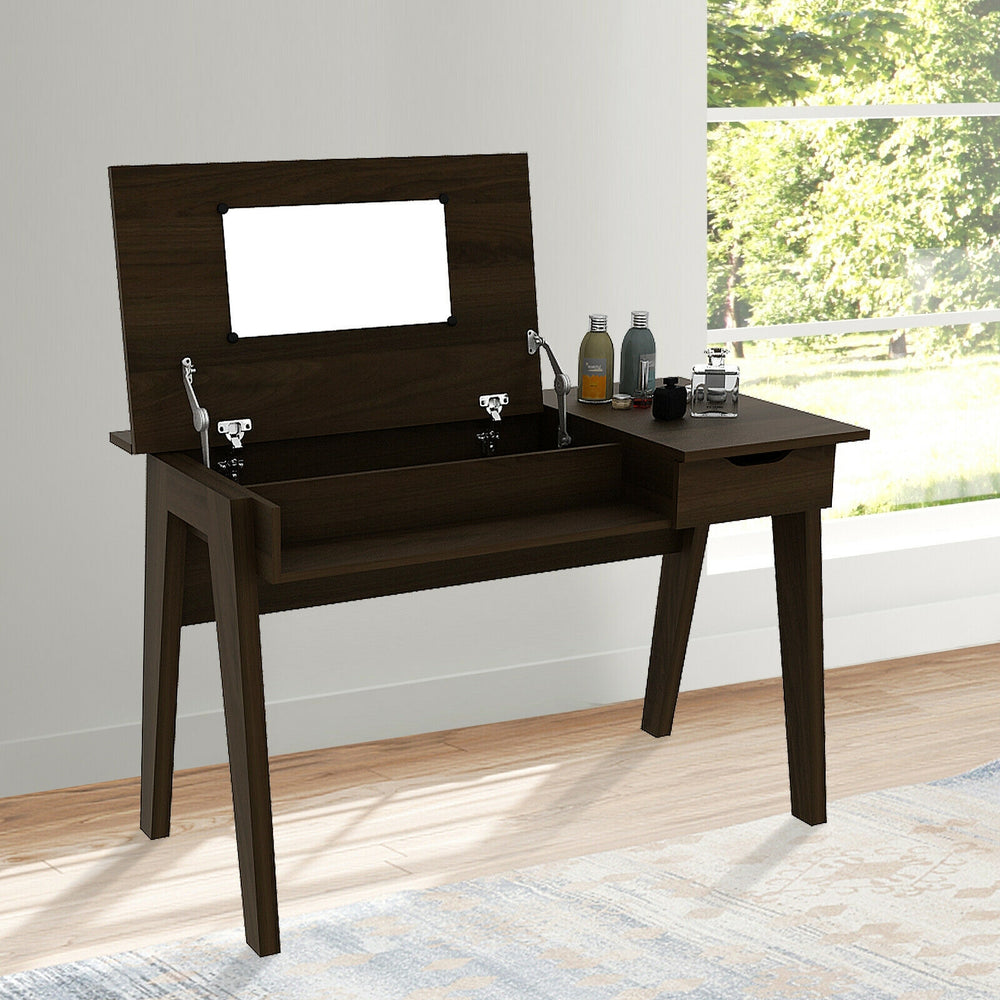 Dressing table with flip mirror and storage drawer, shown from the side to highlight its elegant legs and spacious.
