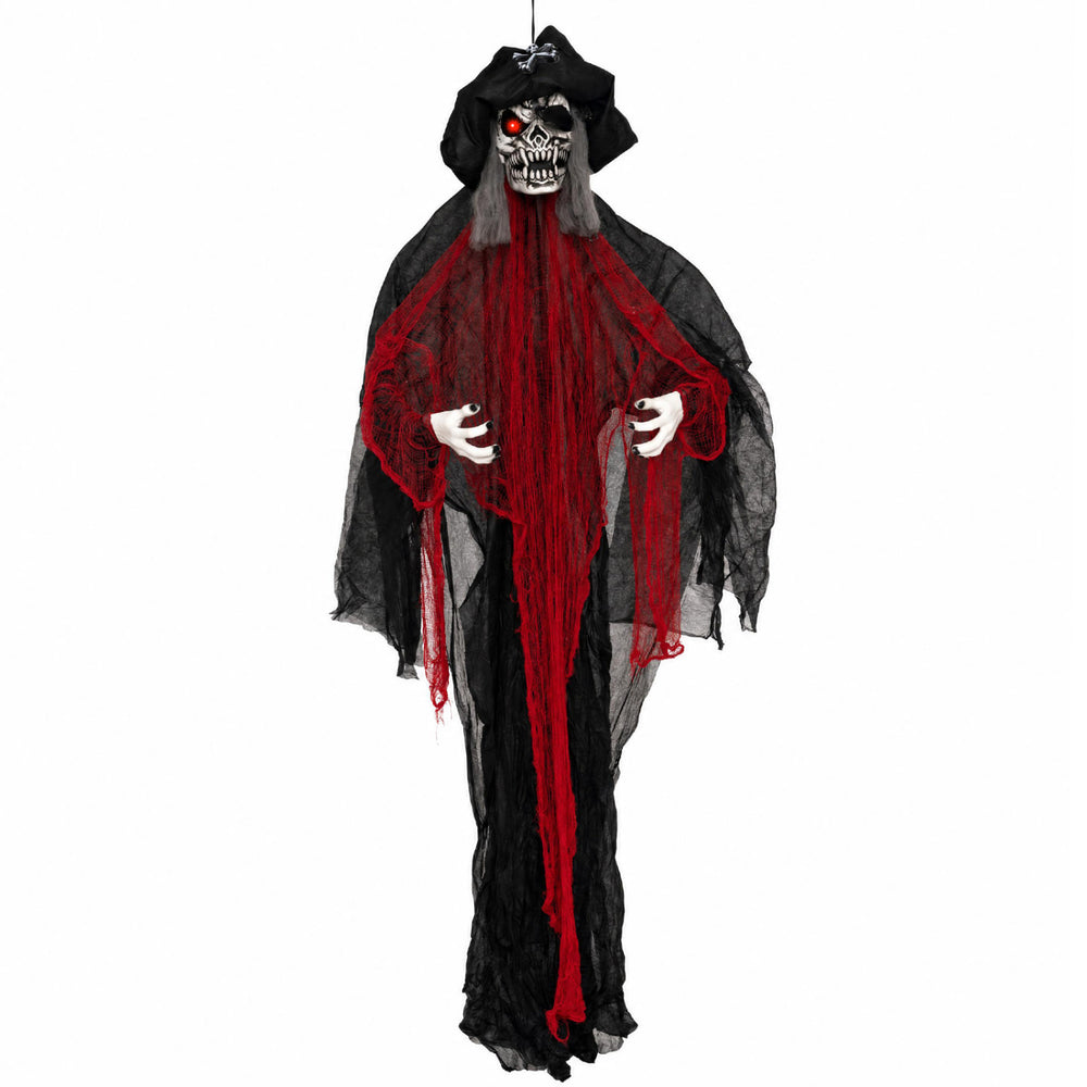 Animated 9.4 ft undead pirate decoration features tattered robes, flashing red eyes, and poseable arms for haunting scares.