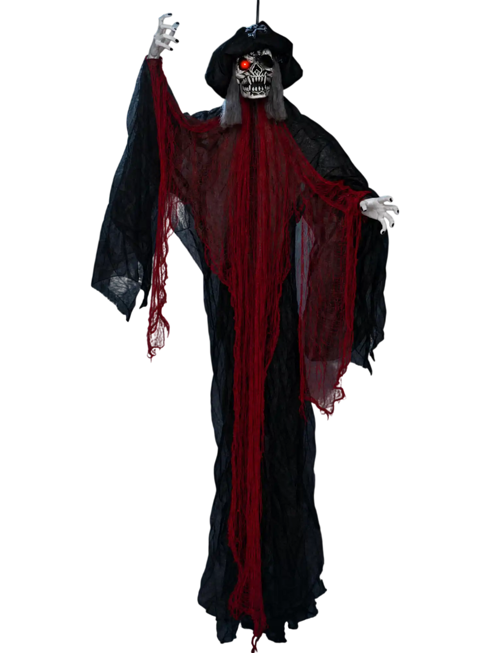 9.4 ft animated hanging pirate decoration with sinister red light eyes and tattered robes, ideal for Halloween jump scares.