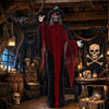 9.4 ft animated undead pirate decoration with a haunting laugh and skull hands, ideal for creating spooky indoor scenes.