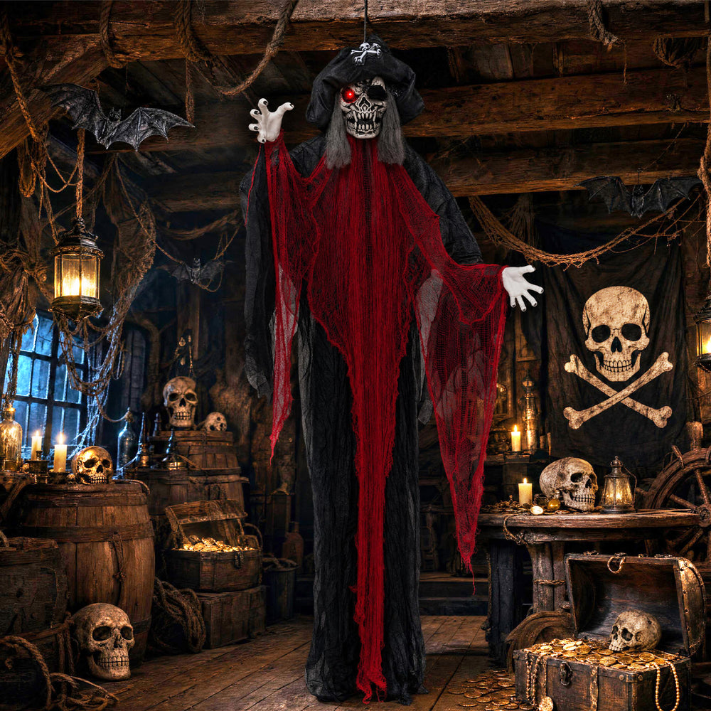 9.4 ft animated undead pirate decoration with a haunting laugh and skull hands, ideal for creating spooky indoor scenes.