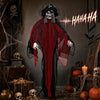 9.4 ft animated undead pirate decoration features tattered robes, flashing red eyes, and sways with haunting laughs for Halloween.