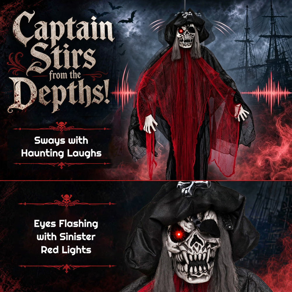 Animated 9.4 ft undead pirate decoration sways with laughter and features flashing red eyes for a chilling Halloween effect.