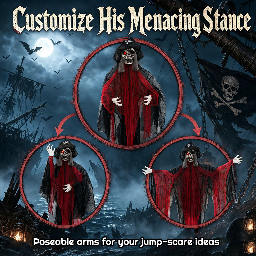 Animated 9.4 ft undead pirate decoration features poseable arms, flashing red eyes, and tattered robes for Halloween scares.