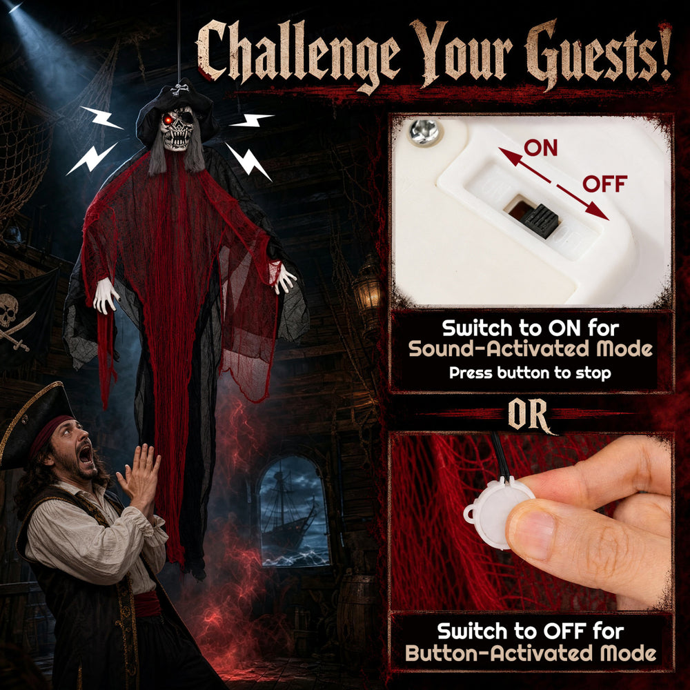 9.4 ft animated undead pirate decoration with flashing red eyes and tattered robes, perfect for Halloween scares indoors.