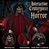 Animated 9.4 ft undead pirate decoration features tattered robes, flashing red eyes, and poseable arms for Halloween scares.