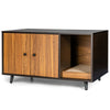 Cat litter box enclosure with double doors in coffee color, featuring a divider and scratching pad for feline comfort.