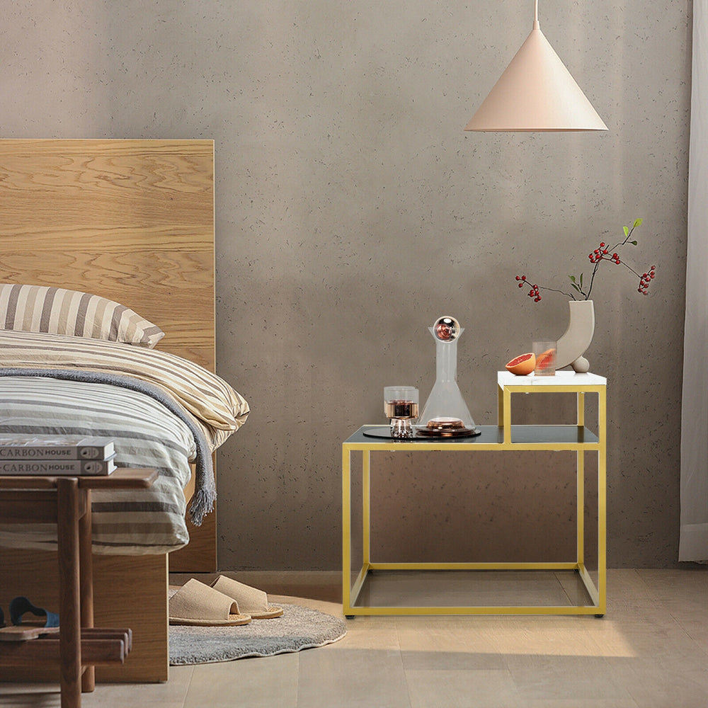 2-tier end side table with metal frame and marble patterns, ideal for living room or bedroom storage.