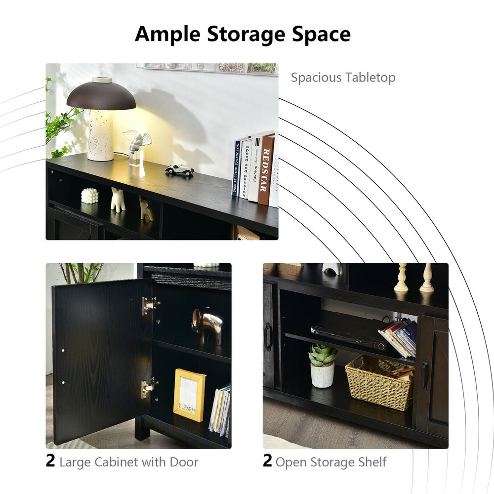 Spacious 59-inch black TV stand with open shelf and two cabinets, perfect for living room storage and organization.